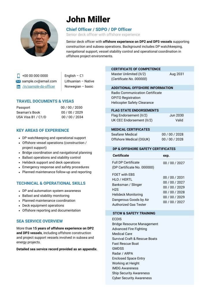 International CV example in English for offshore specialist - successful EU relocation